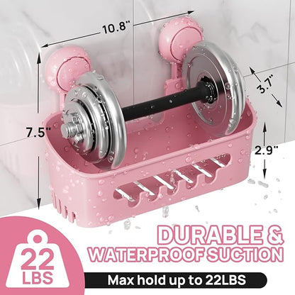 LEVERLOC Shower Caddy Suction Cup 2 Pack, Shower Organizer Removable Bathroom Shelf, Storage for Inside Shower Powerful Suction Max Hold 22lbs Waterproof Holder, Pink