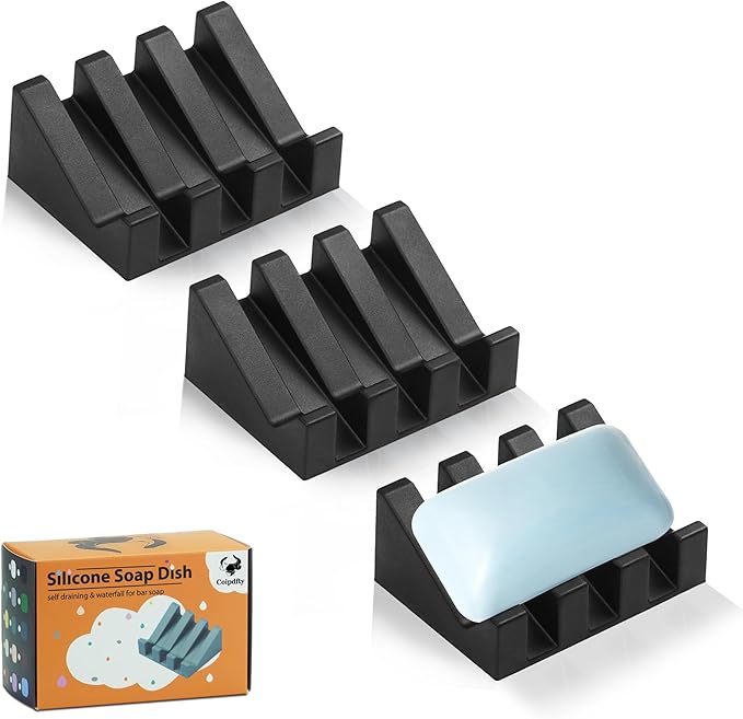 Self Draining Soap Dish Holder,Silicone Soap Dish,for Bathroom,Kitchen, Sponges，Can Extend Soap Life，Keep Soap Bars Dry and Easy Cleaning (Black,3-Pack)