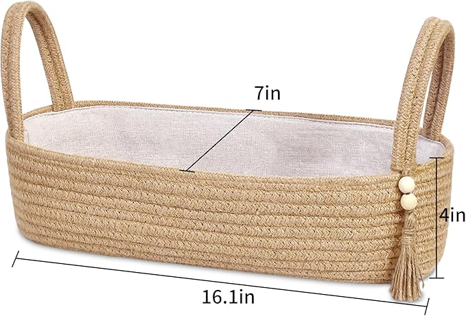 ABenkle XL Small Storage Basket, Jute Rope Woven Toilet Paper Tray Organizer for Toilet Tank Top, Boho Bathroom Decor Holder for Shelf Bedroom Living Room -16x6x4 Inches