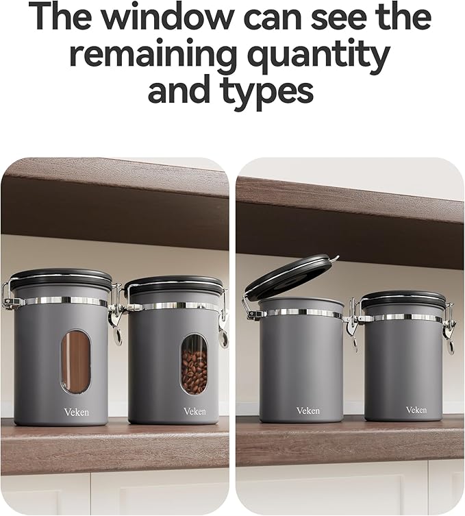 Veken Coffee Canister with Window,Airtight Stainless Steel Kitchen Food Storage Container, Date Tracker & Scoop for Grounds Coffee, Beans, Tea, Flour, Cereal,Sugar,22OZ,Grey (Pack of 2)