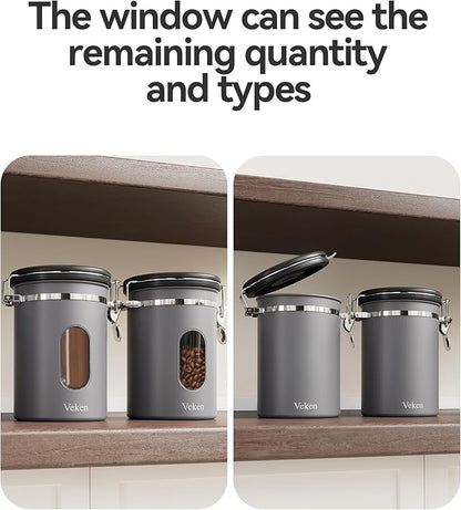 Veken Coffee Canister with Window,Airtight Stainless Steel Kitchen Food Storage Container, Date Tracker & Scoop for Grounds Coffee, Beans, Tea, Flour, Cereal,Sugar,22OZ,Grey (Pack of 2)