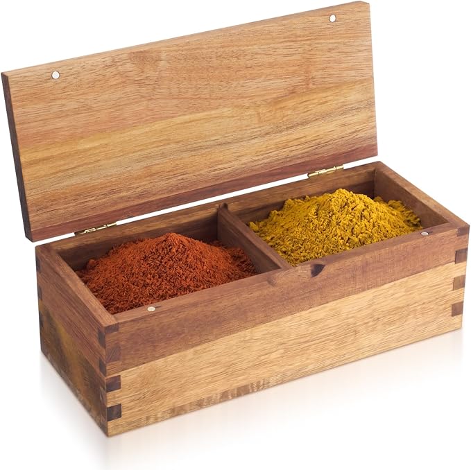 Acacia Wood Salt Cellar Spice Box with Magnetic Lid 29oz Large Capacity Salt Organizer 2 Compartments for Kitchen Countertop, Pepper, Seasonings, Spices, Grilling & Cooking