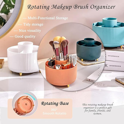 360 Rotating Makeup Brush Holder, Makeup Desk Organizer with 5 Slots Cosmetic Brushes Storage,Makeup Organizer for Vanity, Bedroom Decor, Bathroom Organizer (Orange)