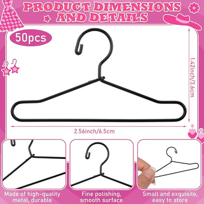 Jenaai 50 Pcs Doll Clothes Hanger 2.56 in Metal Black Doll Outfit Hanger Mini Clothes Hangers for Wardrobe, Dresses, Skirts, and Accessories