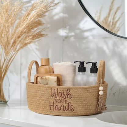 Wash Your Hands Bathroom Decoration Brown Cotton Rope Toilet Basket Toilet Paper Holder Basket Rustic Bathroom Organizer Farmhouse Home Decoration Organizing Small Baskets