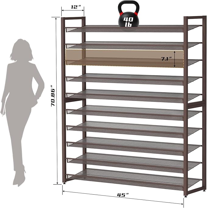 Metal Shoe Rack,Large 10 Tier Shoe Organizer, Heavy Duty Metal 5-Tier Stackable Shoe Storage Vertical Shoe Rack for Closet Front Door Entrance,Entryway,GarageUp to 62 Pairs,Bronze