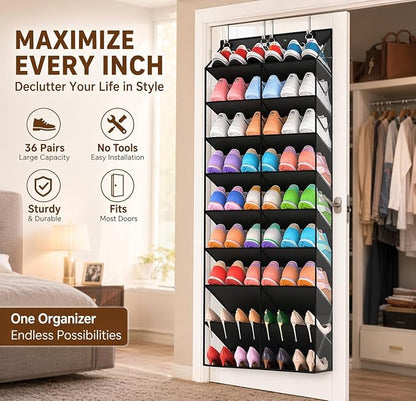 10 Tier Over the Door Shoe Organizer, Hanging Shoe Rack for Closet Door, Holds 20-30 Pairs, Large Pocket Storage for Sneakers Heels Boots, Black
