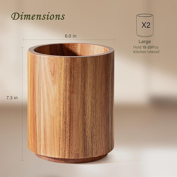 Criusia Utensil Holder 2 Pack, 360° Rotating Acacia Wood Cooking Utensil Crocks for Kitchen Counter, Farmhouse & Modern Decor, (2 Large)