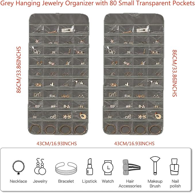 2 Pack Dual-Sided Hanging Jewelry Organizer with 128 Pockets & 8 Necklace Hooks, Wall Closet Door Jewelry Holder for Earrings, Bracelets, Necklaces Display Storage