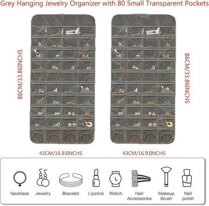 2 Pack Dual-Sided Hanging Jewelry Organizer with 128 Pockets & 8 Necklace Hooks, Wall Closet Door Jewelry Holder for Earrings, Bracelets, Necklaces Display Storage