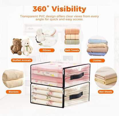 SpaceWhisper 4 Pack Clear Storage Bags, Plastic Blanket Storage Bags with Zipper and Handle, Moving Bags for Comforter, Bedding & Clothes, Closet Organizer and Under Bed Storage (17.7x15.7x7.9 Inch)