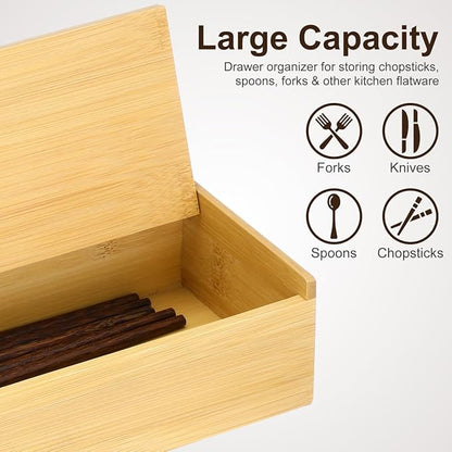 Cabilock Wooden Cutlery Box with Lid, Kitchen Chopsticks Box Utensils Drawer Organizer Bamboo Storage Case Countertop Silverware Container for Tableware