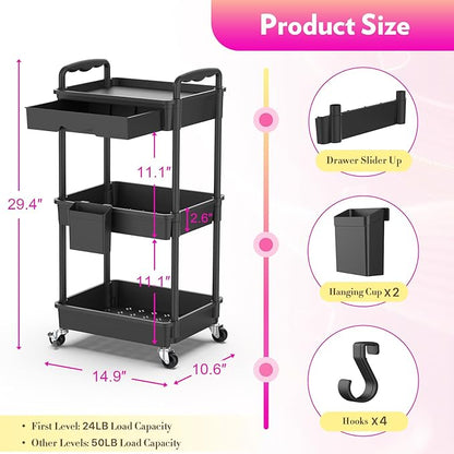 SUNALLY Makeup Cart Organizer with Drawers, Floor Skincare Organizers Vanity Storage Organizer, Rolling Makeup Bathroom Storage Cart Cosmetics Display Cases for Skin Care Perfume Nail Polish, Black