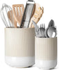 LE TAUCI Utensil Holder for Kitchen Counter, 7.3"+5.4" Fluted Ceramic Utensil Crock Organizer for Countertop, Heavy Large Holder for Spatulas, Spoons, Set of 2, Warm White Glaze