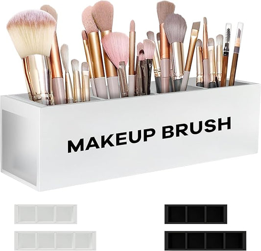 Suli Large Makeup Brush Holder Organizer, Wooden Cosmetic Brushes Storage with 4 Slots, Eyeliners Display Case for Vanity Desktop Bathroom Countertop -White