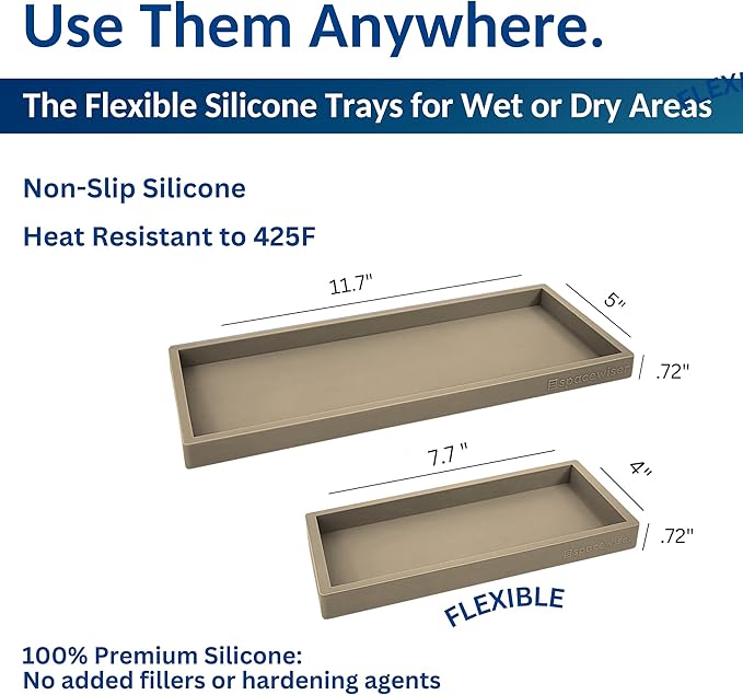 Spacewiser Countertop and Vanity Tray - 2 PC (11” and 7”) Shatterproof Silicone Kitchen and Bathroom Trays for Counter, Kitchen Soap Dispenser Tray, Vanity Trays for Bathroom, Perfume Key Tray