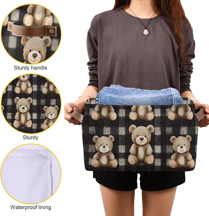 Large Storage Basket Bears Gingham Pattern Storage Bin Cube Canvas Fabric Organizer Handles Collapsible for Clothes Toys Bedroom Decorative