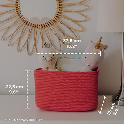 Coral Rainbow Cotton Rope Basket for Shelf Storage - 15"×10"×9½" - Colorful Decorative Basket for Kids - Nursery, Playroom, Classroom - Toy Storage, Books, Towels