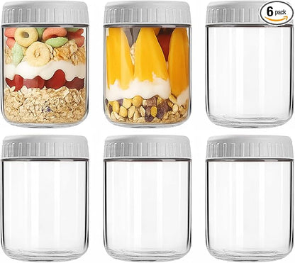 Overnight Oats Containers with Lids, 16oz Wide Mouth Mason Jars with Lids, 6 Pack Glass Jars with Airtight lid for Chia Pudding Yogurt Salad, Meal Prer Oatmeal Jars, Gray