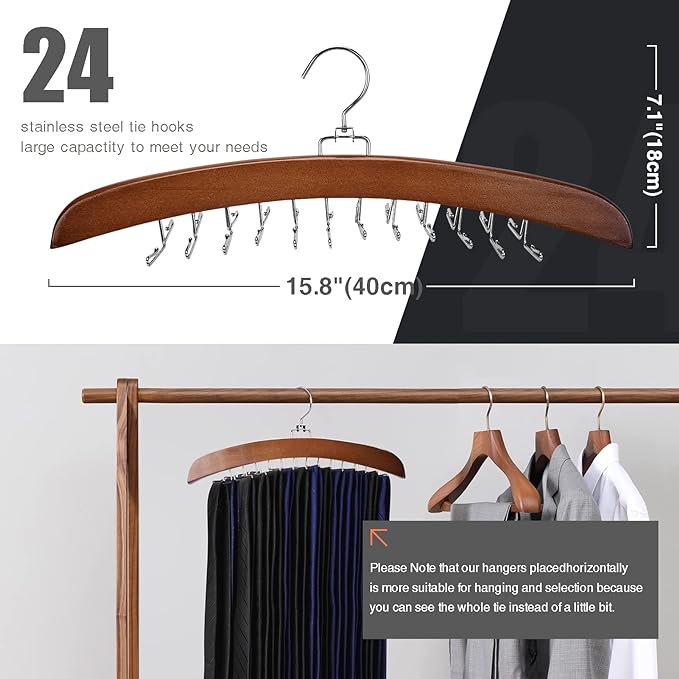 Tie Rack Tie Hanger 24 Hooks Wooden, Tank Top Hanger,Belt Organizer for Closet,with Upgraded 360°Rotating, Belts Scarves Accessories for Bras,Tank Tops,Camisoles…