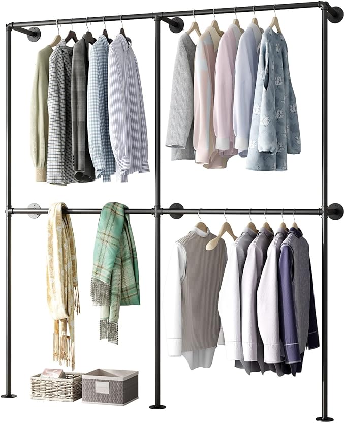 Industrial Pipe Clothing Rack Wall Mounted Garment Rack, Black Pipe Clothes Racks Retail Display Hanging Rod for Closet Storage, Laundry Room