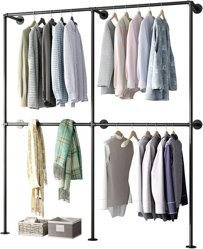 Industrial Pipe Clothing Rack Wall Mounted Garment Rack, Black Pipe Clothes Racks Retail Display Hanging Rod for Closet Storage, Laundry Room