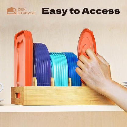 Bamboo Lid Organizer, Plastic Lid Organizer Cabinet, Food Container Lid with 5 Adjustable Dividers for Kitchen Drawer