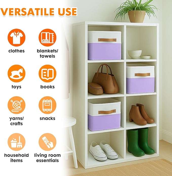 ShellKingdom Storage Bins, Two-Tone Foldable Fabric Storage Cubes with Leather Handle for Closet Toys Clothes Storage Organizer Drawer, 10.5 X 10.5 X 11 inch, 2 Pack (White/Lavender)