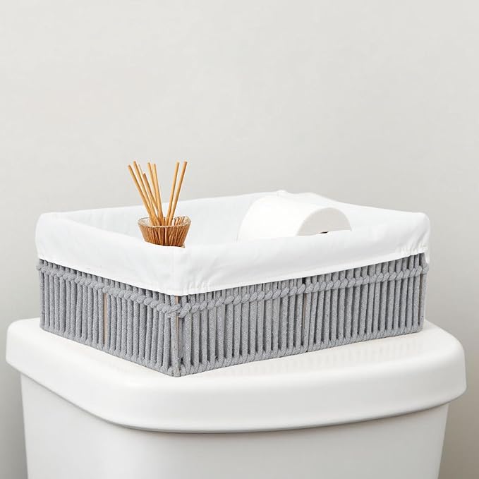Cotton Rope Storage Baskets (Set of 3) - Hand Woven Organizing Basket with Removable Liner & Iron Frame, Decorative Shelf Storage for Closet & Bedroom (Gray)