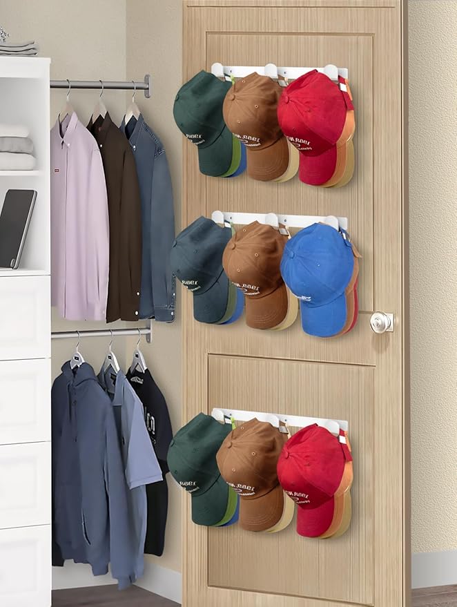 KIMBORA 4 Packs Hat Rack for Wall, Hat Organizer for Baseball Caps Holds 36 pcs, 3 Mounting Options Cap Hook Hanger, Strong Snapback Holder Storage Display for Door, Room, Closet (White)