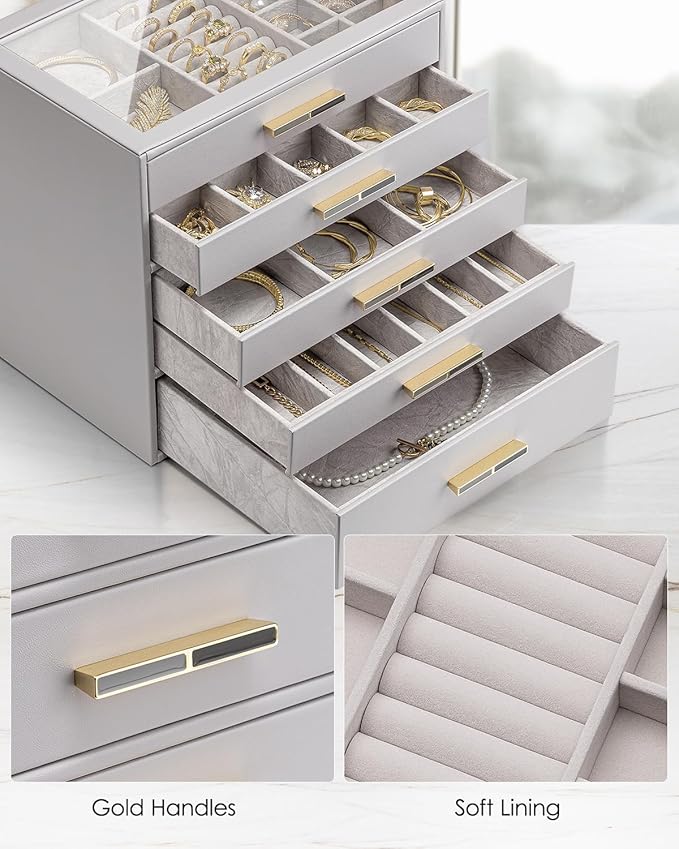 VLANDO 5 Layer Jewelry Box for Women, Glass Lid Jewelry Organizer with 5 Drawers for Necklaces Rings Earrings Bracelets - Grey