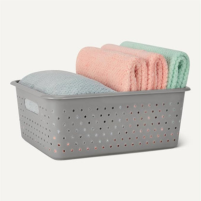 Amazon Basics Decorative BPA-Free Plastic Storage Baskets, 13.66 x 11.34 x 5.39, Grey, Pack of 4