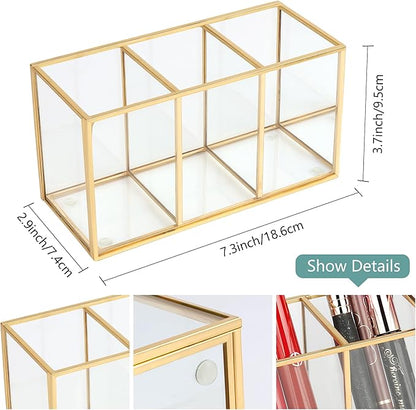 ELEGANTLIFE Clear Glass Makeup Brush Organizer,Luxurious Tempered Glass Cosmetics Brushes Storage Holder for Refined Bathroom Decor (Gold, 3 Sections)