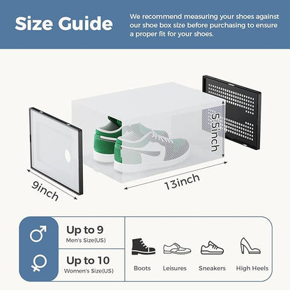 DUMOS Shoe Storage Boxes, 15-Pack Stackable Clear Shoe Containers with Lids, Display Sneaker Case Organizer for Closet, Under Bed, Entryway,Black, Fit Size 9
