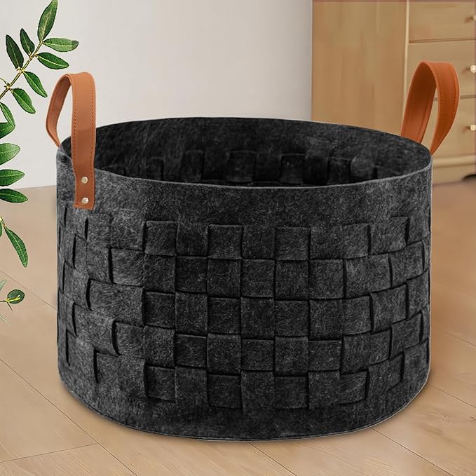 BOLDMONKEY Laundry Basket 20" x20 " x11.8 ", Large Round Blanket Basket with Leather Handle, Felt Storage Basket for Living Room, Nursery, Dog Toys-Dark Gray