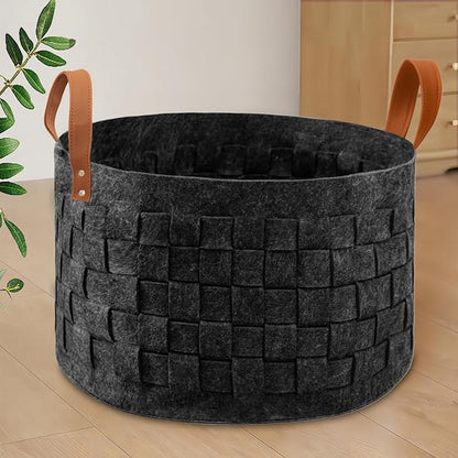 BOLDMONKEY Laundry Basket 20" x20 " x11.8 ", Large Round Blanket Basket with Leather Handle, Felt Storage Basket for Living Room, Nursery, Dog Toys-Dark Gray
