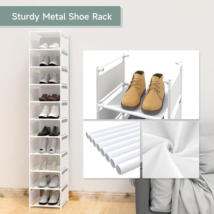 10 Tier Vertical Shoe Rack - White Narrow Shoe Rack for Closet & Entryway, Space Saving Tall Shoe Organizer for Small Spaces, Sturdy Skinny Shoe Tower Stand for Boots & Heels