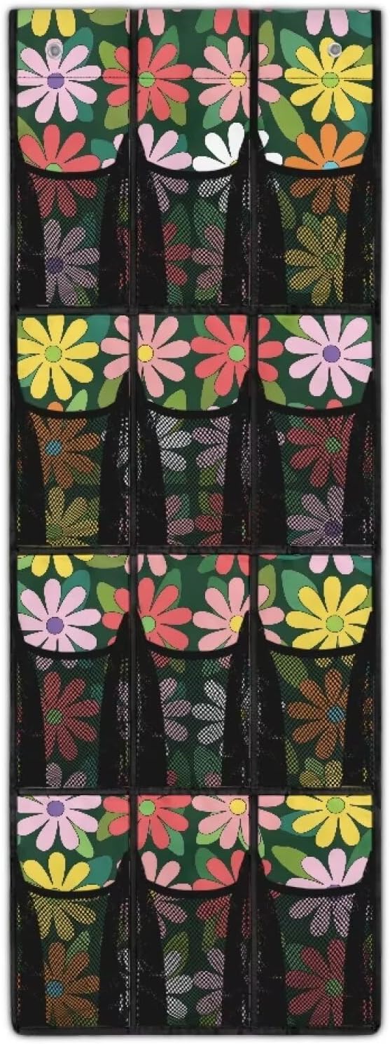 Colorful Hippie Flower Over the Door Shoe Organizer 12 Large Mesh Pockets Hanging Shoe Rack for Door Shoe Storage Organizer Shoe Holder Hanger