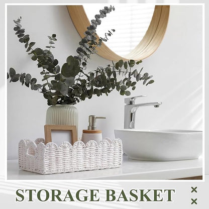 Boao 3 Pcs Boho Storage Wicker Baskets Handmade Woven Decorative Paper Rope Baskets for Organizing with Handle Countertop Toilet Paper Storage Container for Toilet Tank Top (White,Fan-shaped)