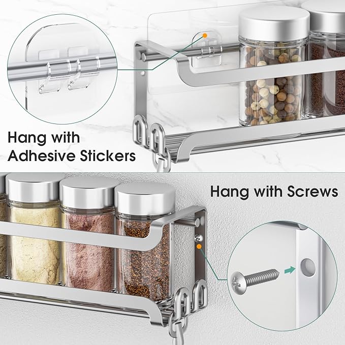LUCYCAZ 2 Pack Wall Mounted Spice Rack with 8 Hooks, Spice Organizer Shelf for Stove Cabinet Pantry Door,Screw or Adhesive Spice Shelf Hanging Wall Spice Rack in Kitchen and RV (Silver, 2 PACK)
