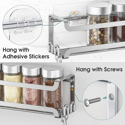 LUCYCAZ 2 Pack Wall Mounted Spice Rack with 8 Hooks, Spice Organizer Shelf for Stove Cabinet Pantry Door,Screw or Adhesive Spice Shelf Hanging Wall Spice Rack in Kitchen and RV (Silver, 2 PACK)
