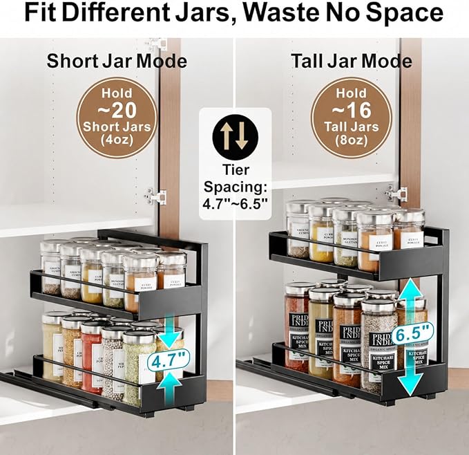 iSPECLE Pull Out Spice Rack - 2 Pack Peel and Stick No-Drill Vertical Spice Racks for Inside Cabinet Easy Access No Digging, Adjustable Height for 4oz to 8oz Spice Jars, For Kitchen Pantry Cabinet