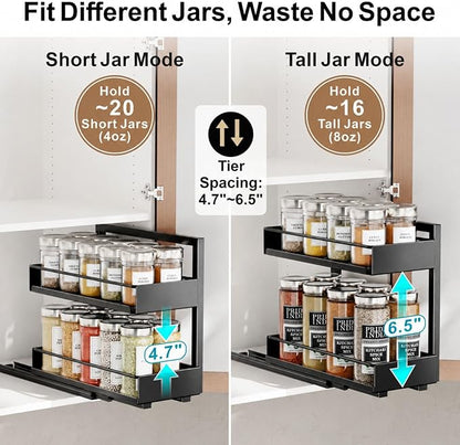iSPECLE Pull Out Spice Rack - 2 Pack Peel and Stick No-Drill Vertical Spice Racks for Inside Cabinet Easy Access No Digging, Adjustable Height for 4oz to 8oz Spice Jars, For Kitchen Pantry Cabinet