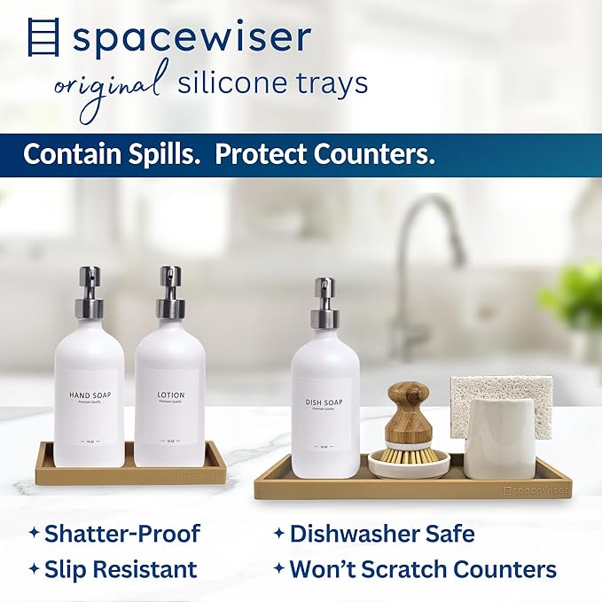 Spacewiser Countertop and Vanity Tray - 2 PC (11” and 7”) Shatterproof Silicone Kitchen and Bathroom Trays for Counter, Kitchen Soap Dispenser Tray, Vanity Trays for Bathroom, Perfume Key Tray