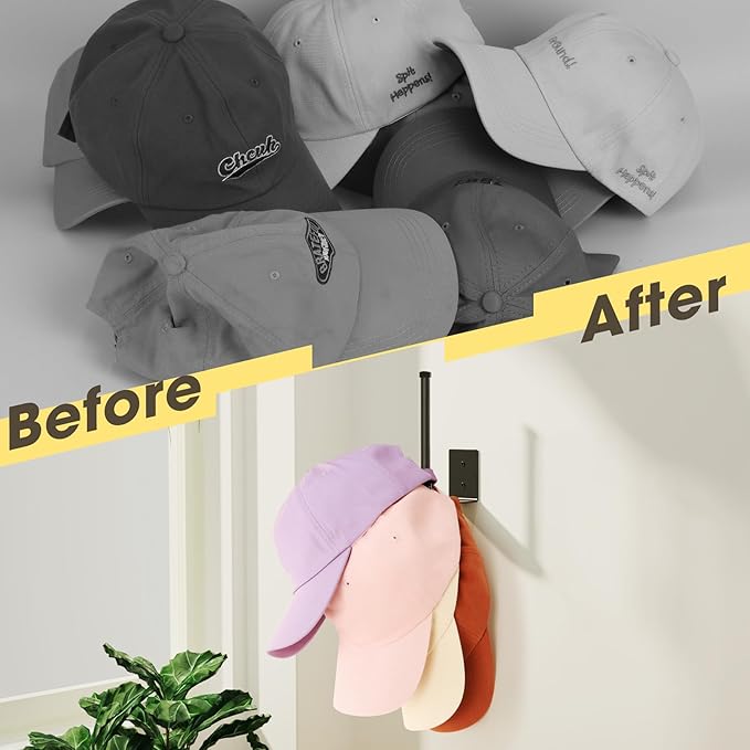 Durmmur 6 Pack Hat Racks for Baseball Caps, Stainless Steel Hat Organizer for Baseball Cap, Hat Holder Storage Organizer, Hat Hanger Strong Adhesive/Wall Drilled for Door, Bedroom, Closet(Black 6 in)