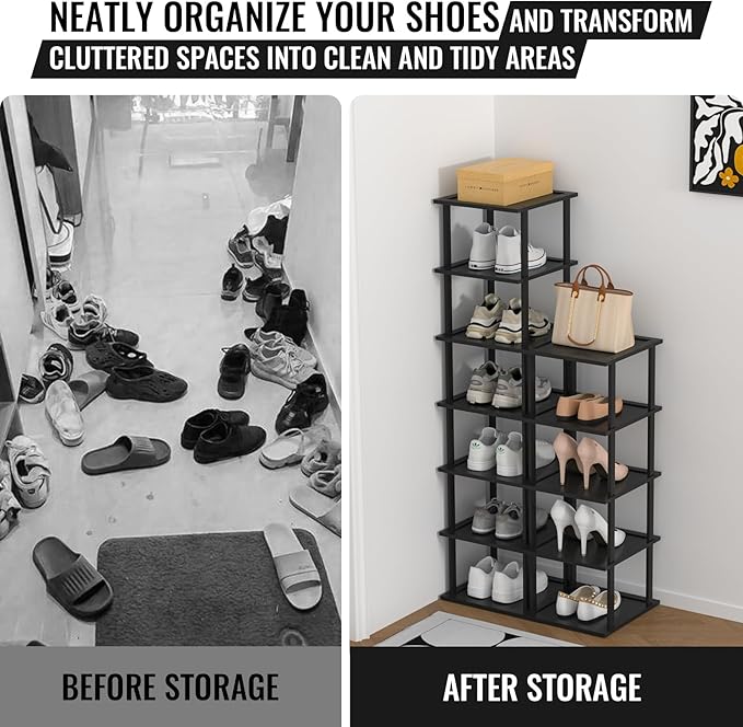 MHXW SXPN Bamboo Free Standing Shoe Rack Shelf Multi Tier Tall Wooden Stackable Shoes Rack Organizer for Closet Front Door Entrance Narrow Vertical Shoe Storage (Black, 12 Tiers)