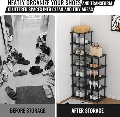 MHXW SXPN Bamboo Free Standing Shoe Rack Shelf Multi Tier Tall Wooden Stackable Shoes Rack Organizer for Closet Front Door Entrance Narrow Vertical Shoe Storage (Black, 12 Tiers)