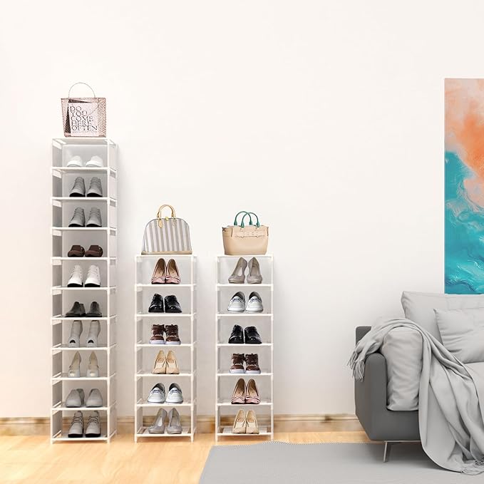 10 Tier Vertical Shoe Rack - White Narrow Shoe Rack for Closet & Entryway, Space Saving Tall Shoe Organizer for Small Spaces, Sturdy Skinny Shoe Tower Stand for Boots & Heels