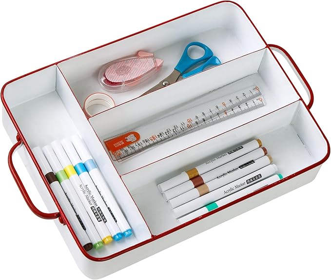Silverware Drawer Organizer Tray with 4 Slots Farmhouse Kitchen Cutlery Tray for Utensils, Spoons, Knives, Forks, Metal Flatware Holder White with Red Trim