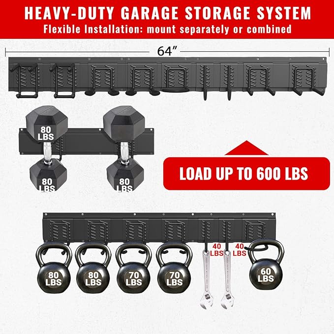 Garage Tool Organizer Wall Mount, Easy to 64inch Install Heavy-Duty Garage Storage System with Adjustable 9 Hooks, Garden Tool Rack for Shovels, Rakes, Yard Tools